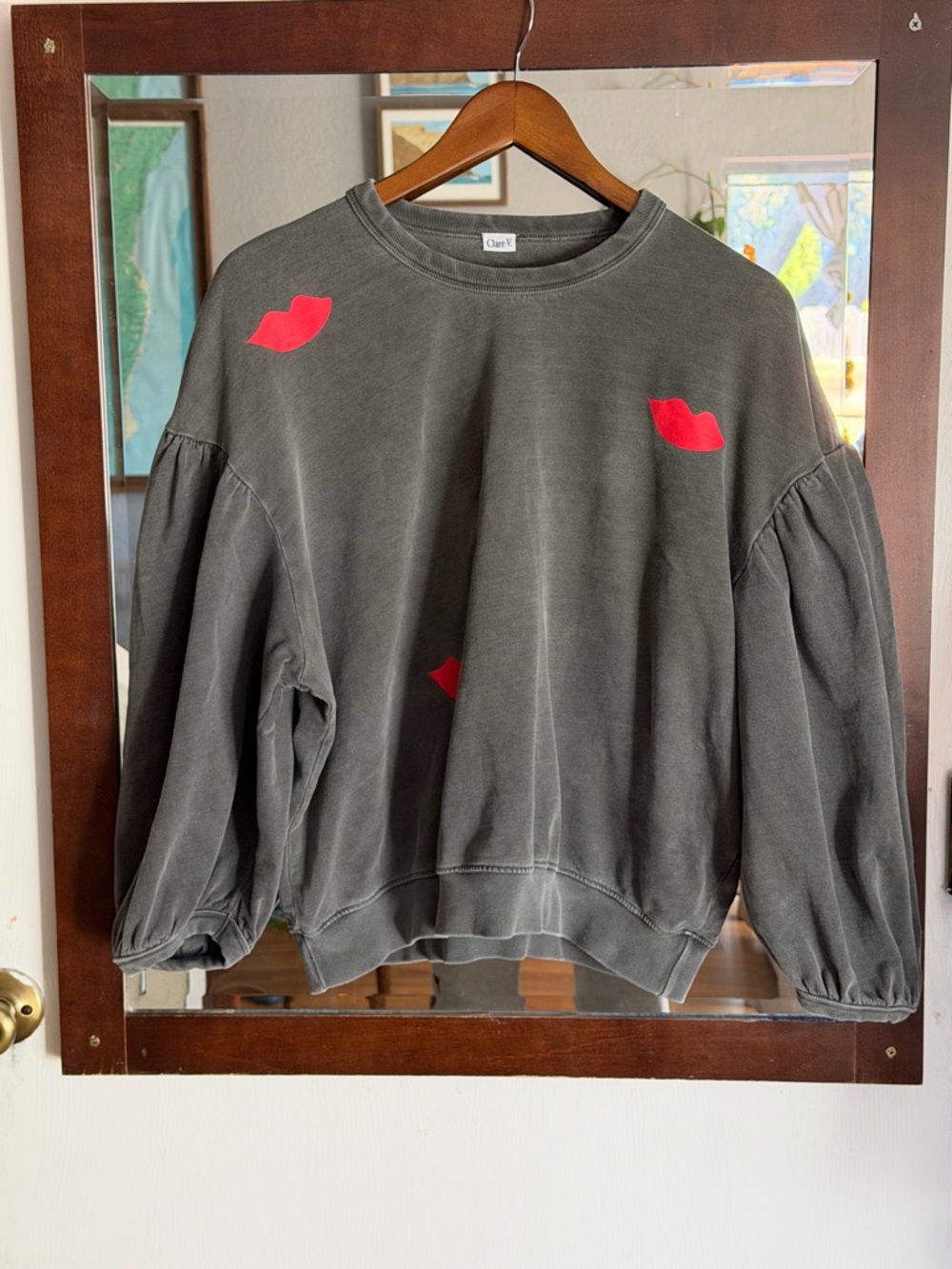 Clare V. Puff  Sleeve with Drop Shoulder Sweatshirt and Red Lip